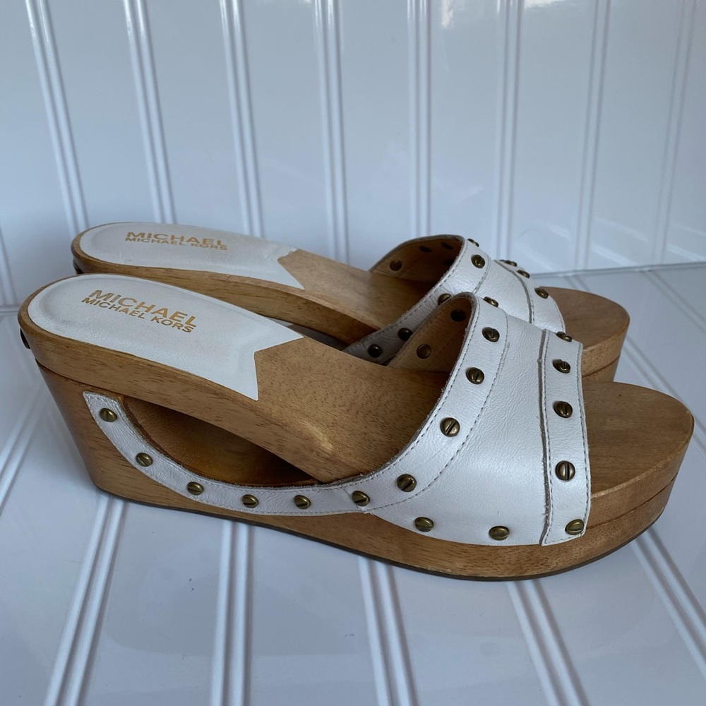 Michael Kors white studded hollowed clog wedges